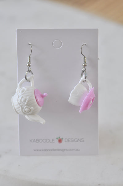 Tea Pot Tea Cup Novelty Fun Drop Dangle Earrings