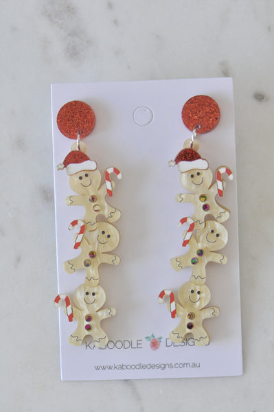 Acrylic Christmas Gingerbread Man and Woman with Santa Hat Cookie Candy Cane Drop Dangle Earrings