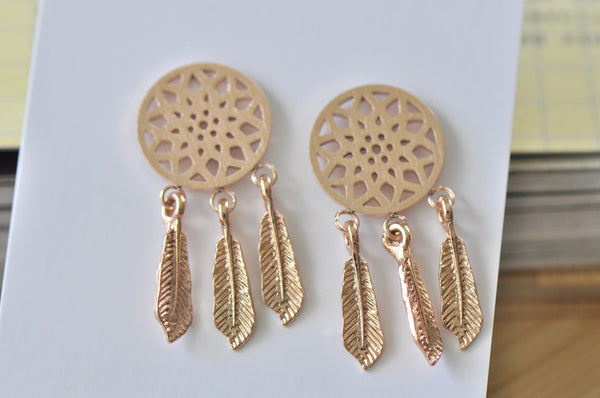 Rose Gold - Stainless Steel Dream Catcher Cutout Mini Dainty Stud Earrings