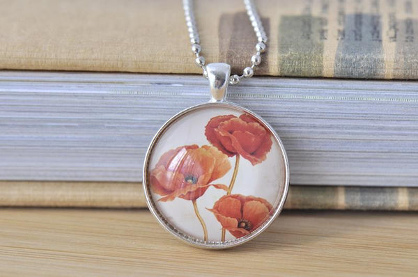 Handmade 30mm Glass Pendant Necklace - Red Poppies