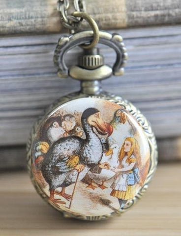 Handmade Artwork Stainless Steel Pocket Watch Necklace - Alice In Wonderland 2