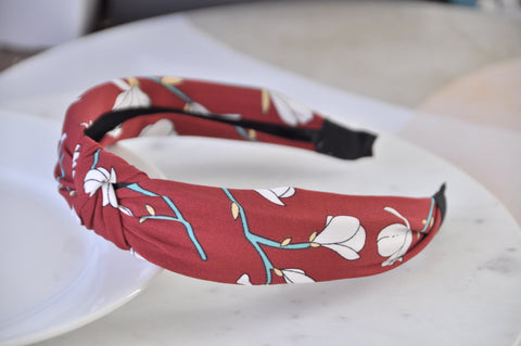 Fabric Knotted Headband - Red with White Flowers