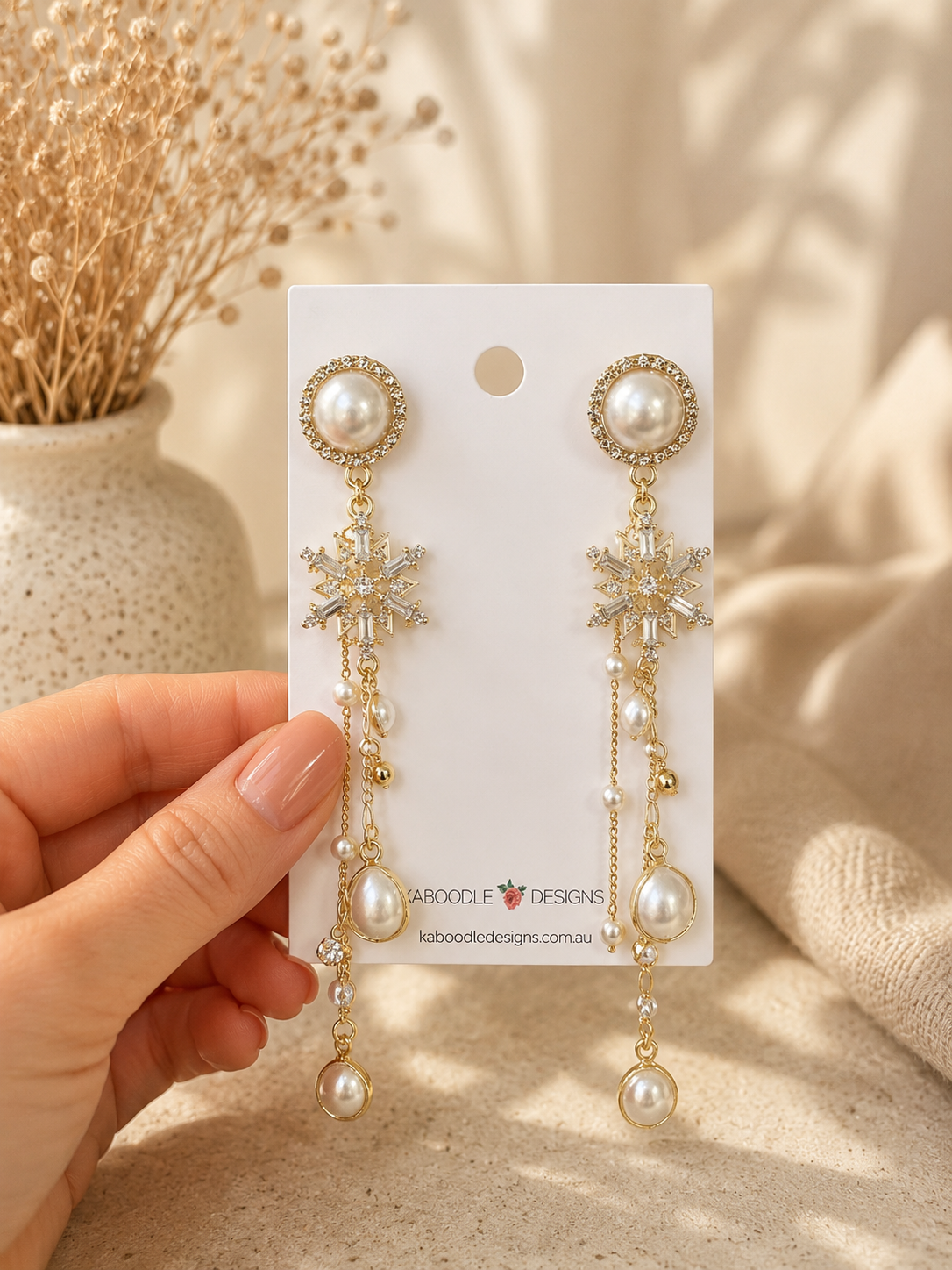 Diamonte Rhinestone Snowflake Faux Pearl Statement Drop Dangle Earrings
