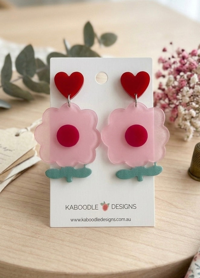 Pink Flower Heart Stud Earrings