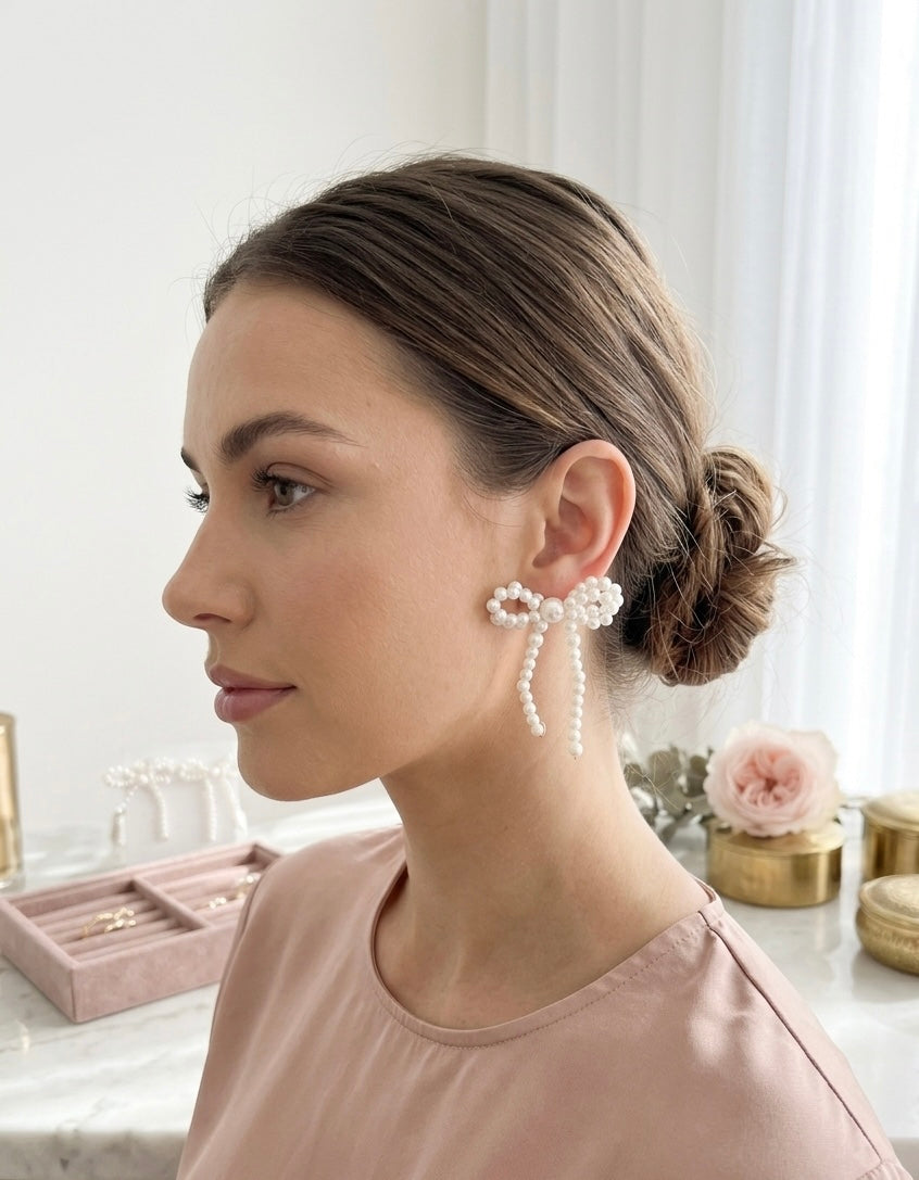 Bow Ribbon Faux Pearl Drop Dangle Earrings