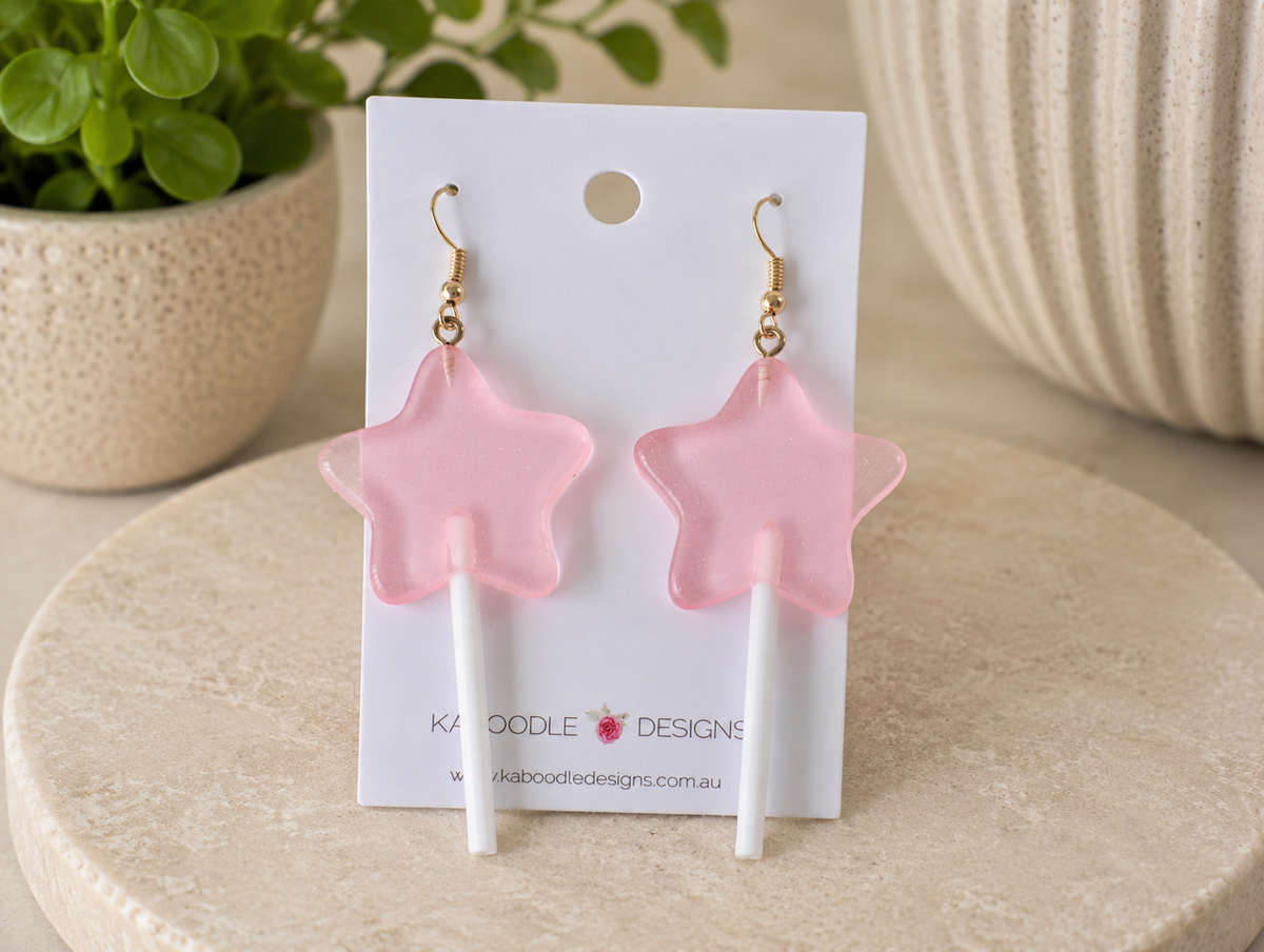 Lollipop Candy Earrings - Pink Star Dangle Drops