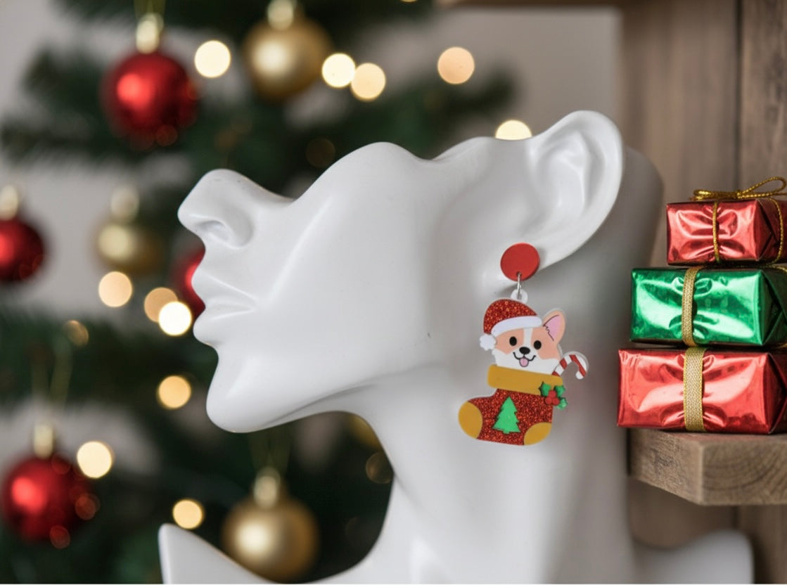 Acrylic Christmas Merry Christmas Corgi Dog Stocking Drop Dangle Earrings