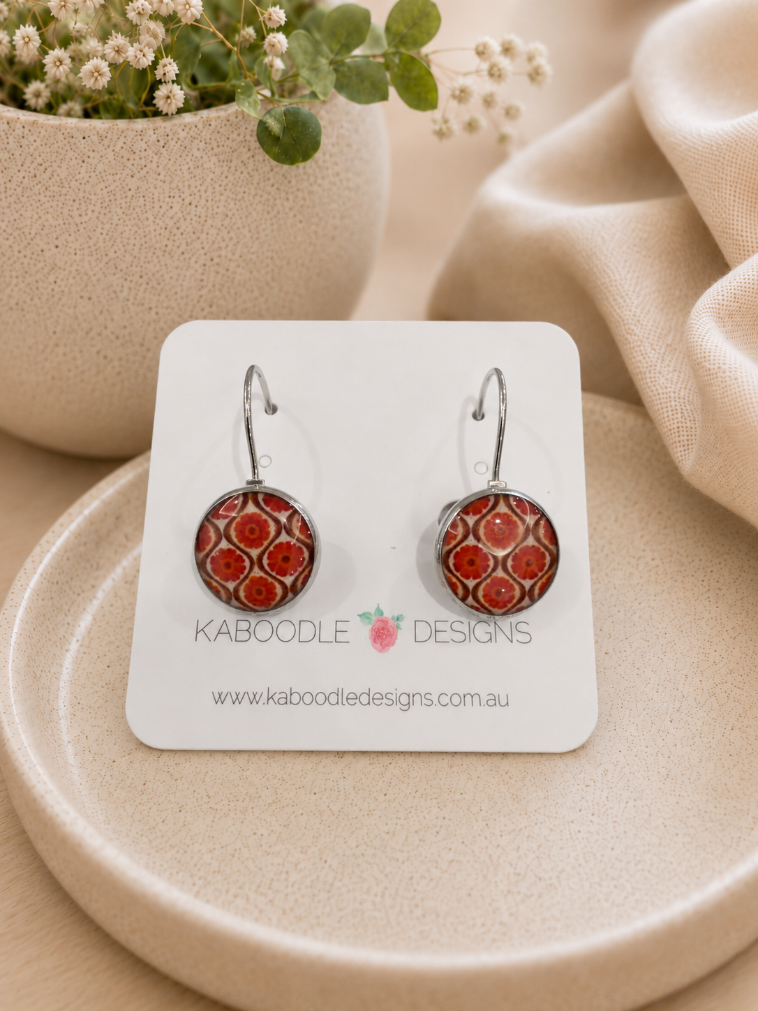 Handmade Round Clip Leverback Dangle Earrings - Moroccan Tile