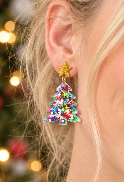 Christmas Tree Earrings - Glitter Star Dangle Drops