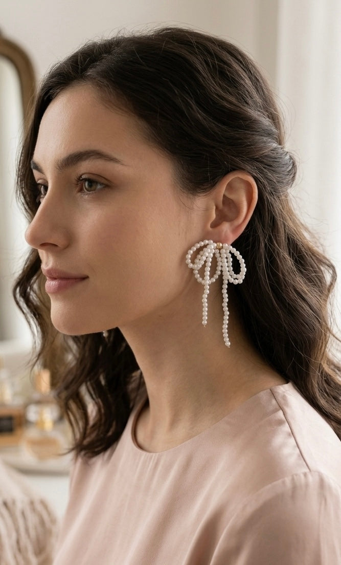 Bow Ribbon Faux Pearl Drop Dangle Earrings