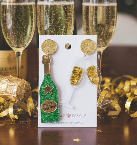 *** Acrylic Happy New Year Champagne Sparkling Wine Celebration Prosecco Dangle Earrings