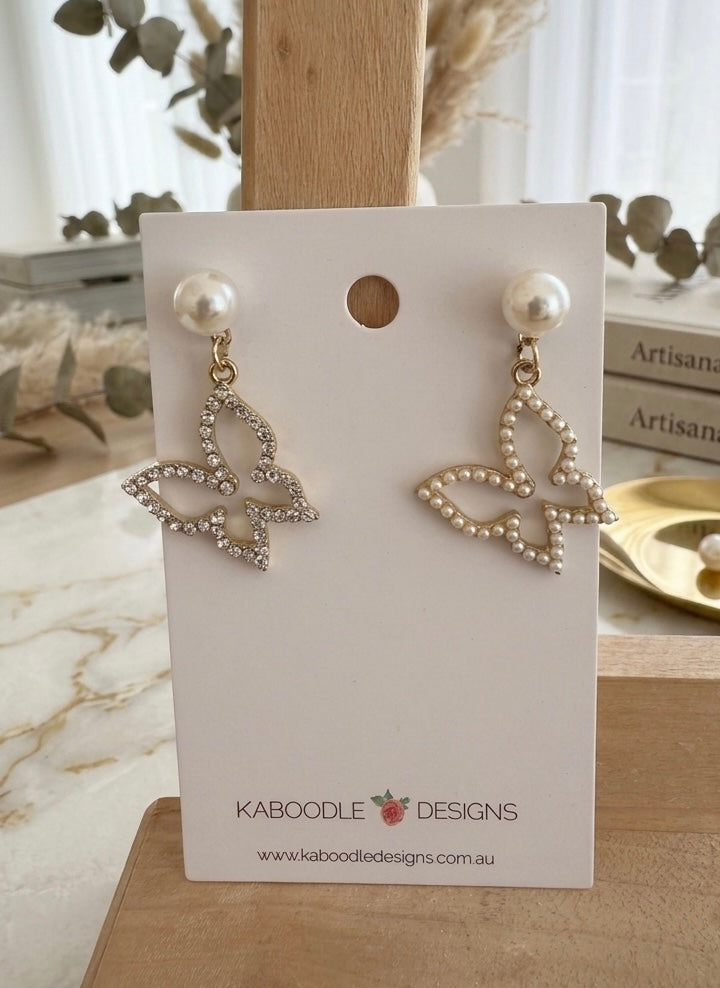 Diamonte Rhinestone Faux Pearl Butterfly Drop Dangle Earrings