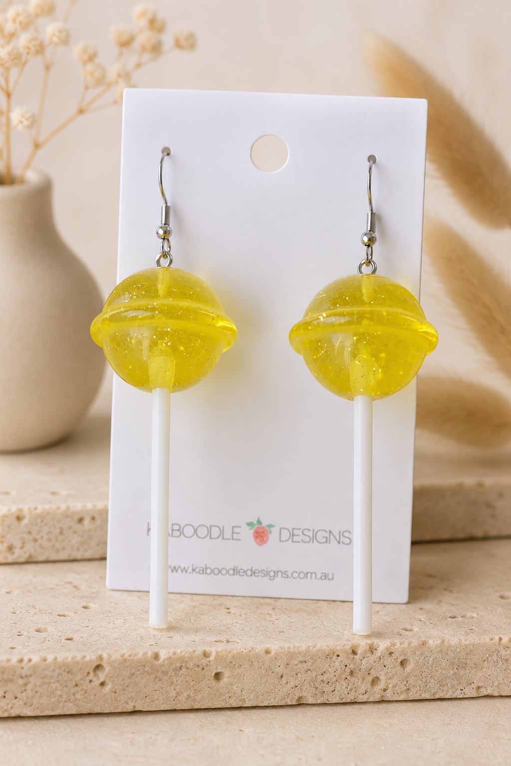 Lollipop Candy Earrings - Yellow Glitter Dangle Drops