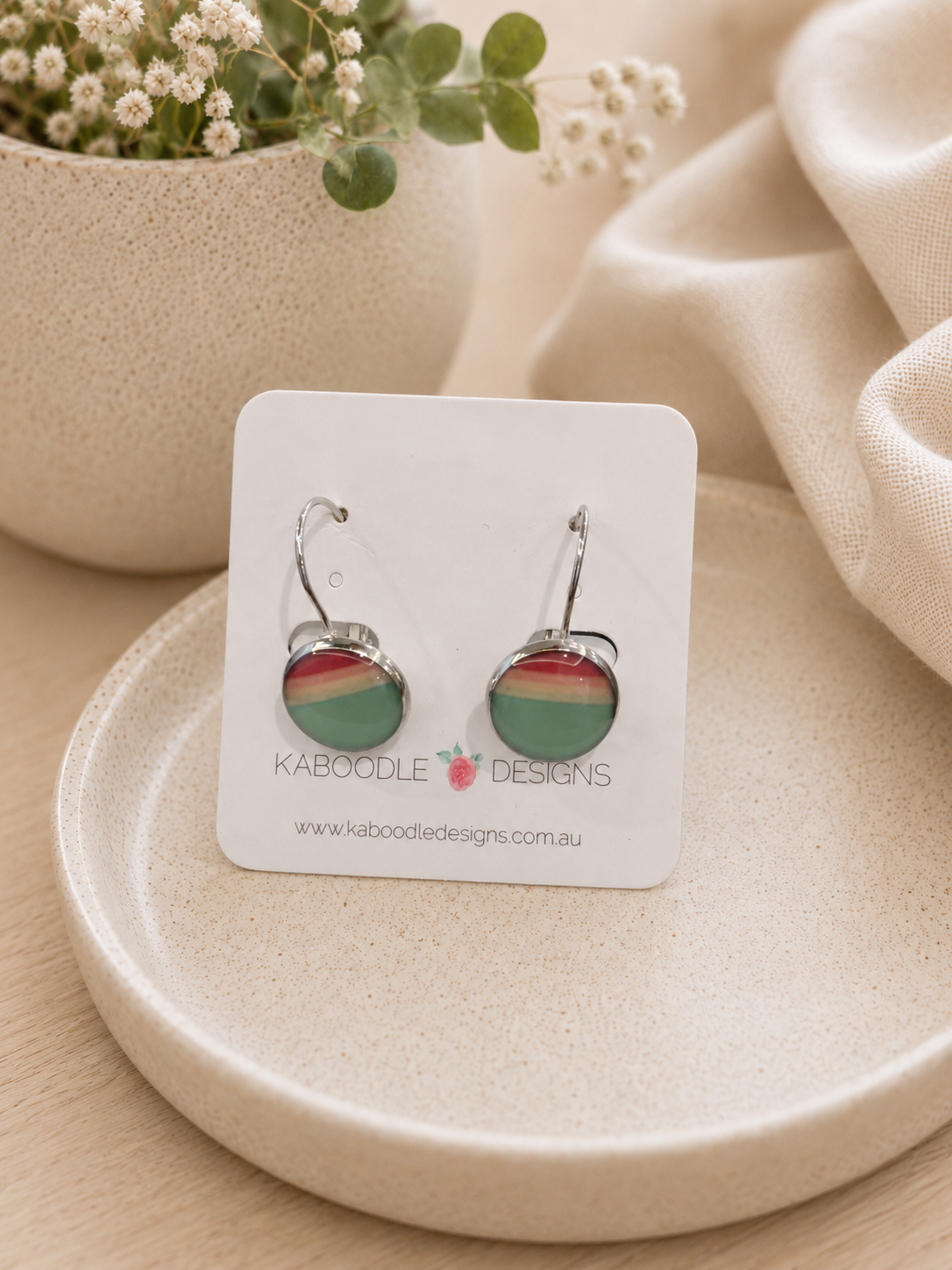 Handmade Round Clip Leverback Dangle Earrings - Geometric Lines