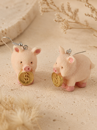 Piggy Bank Earrings - Pig with Gold Coin Dangle Drops