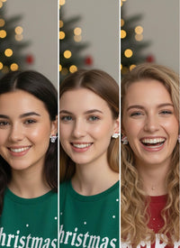 Close-up of kawaii Santa hat character stud earrings worn on models' ears