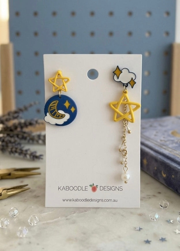 Celestial Star Moon Rabbit Faux Pearl Gold Drop Dangle Earrings