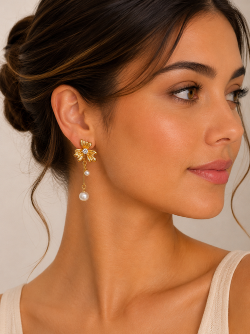 Diamonte Rhinestone Faux Pearl Flower Statement Drop Dangle Earrings