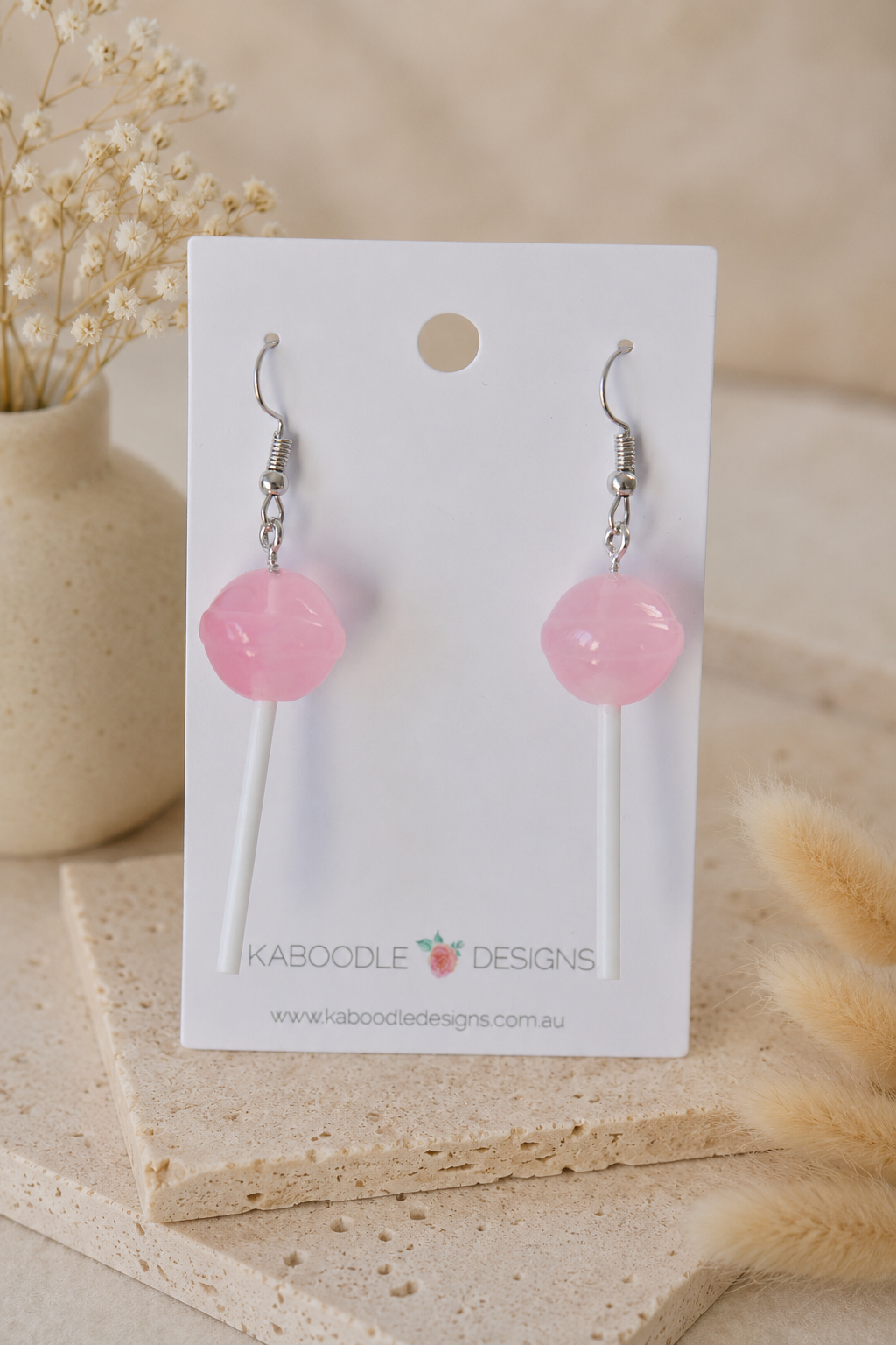Lollipop Earrings - Pink Strawberry Candy Dangle Drops
