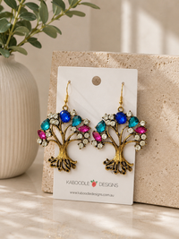 Antiqued brass tree of life earrings with blue, teal, pink and clear rhinestones on jewellery card