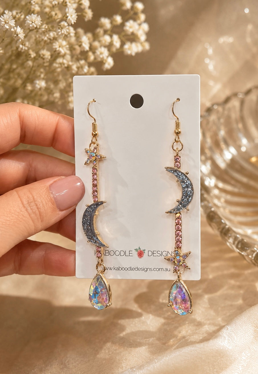Midnight Moon Celestial Rhinestone Drop Dangle Earrings