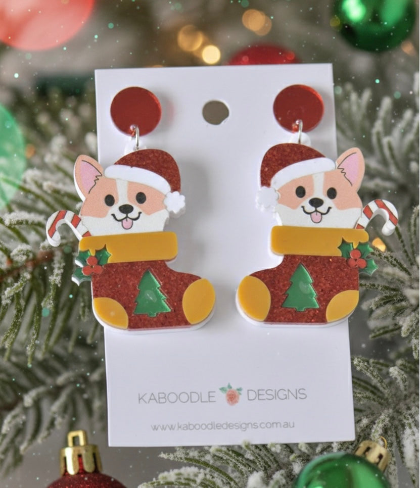 Acrylic Christmas Merry Christmas Corgi Dog Stocking Drop Dangle Earrings