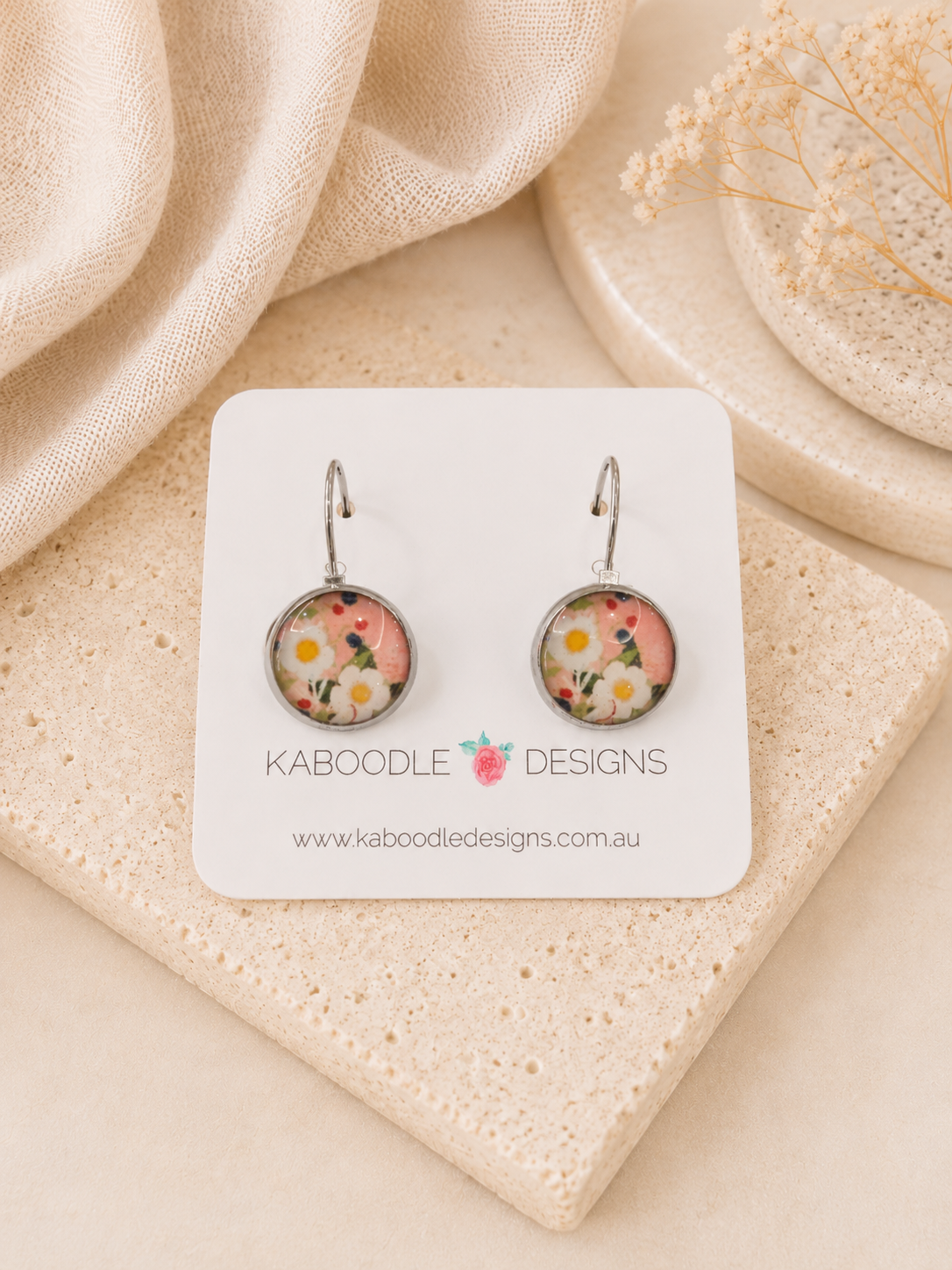 Handmade Round Clip Leverback Dangle Earrings - Boho Flowers