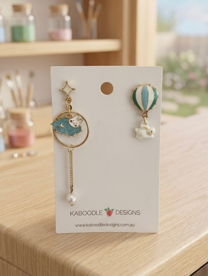Celestial Star Hot Air Balloon Rabbit  Drop Dangle Earrings