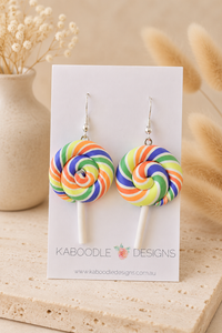 Lollipop Candy Earrings - Colourful Clay Swirl Dangle Drops