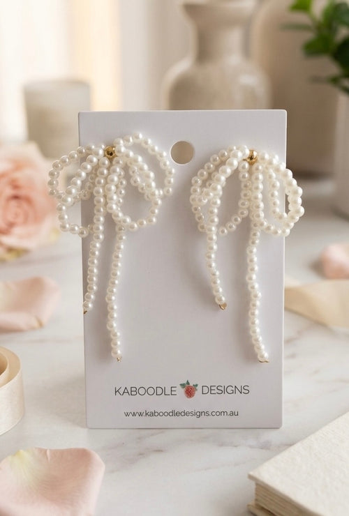 Bow Ribbon Faux Pearl Drop Dangle Earrings