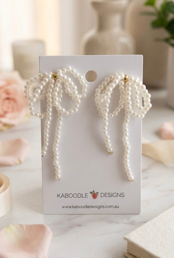 Bow Ribbon Faux Pearl Drop Dangle Earrings