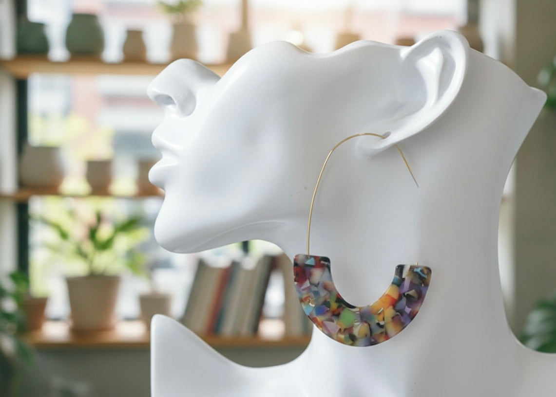 Marble Terrazzo Mosaic Pattern Geometric Hoop Earrings - Confetti