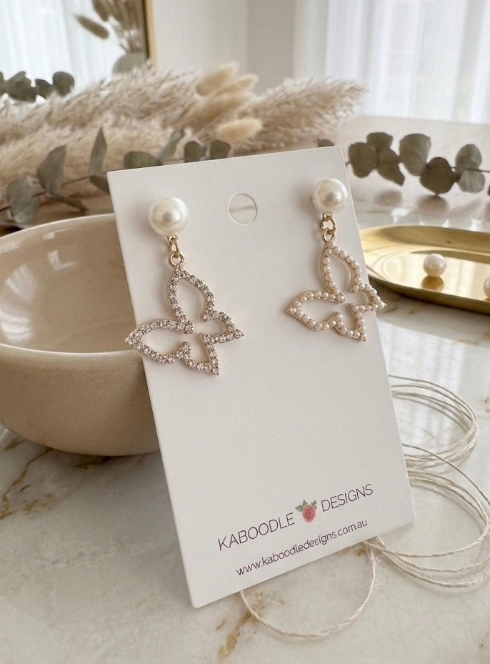 Diamonte Rhinestone Faux Pearl Butterfly Drop Dangle Earrings