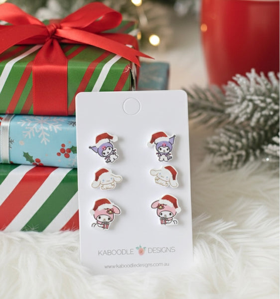 Christmas Set of 3 pairs Kawaii Cartoon Characters Xmas Drop Earrings