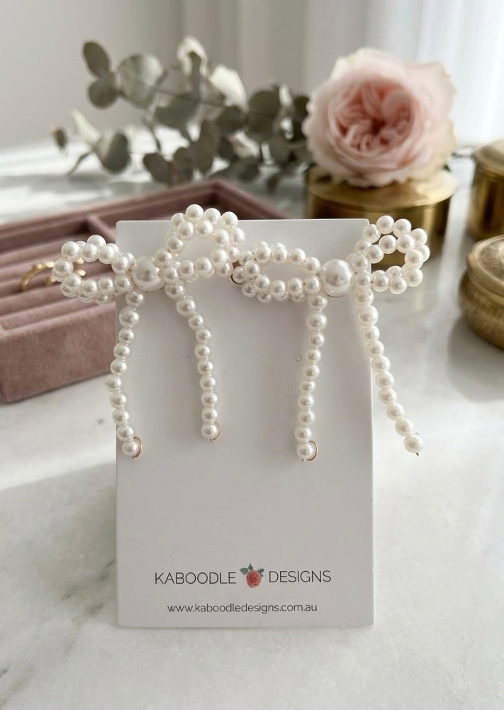 Bow Ribbon Faux Pearl Drop Dangle Earrings