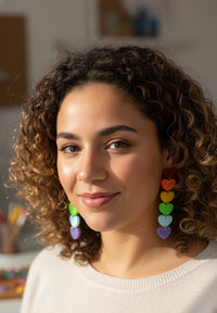 Rainbow heart drop earrings worn on ear, showing full length and colour gradient from red to purple