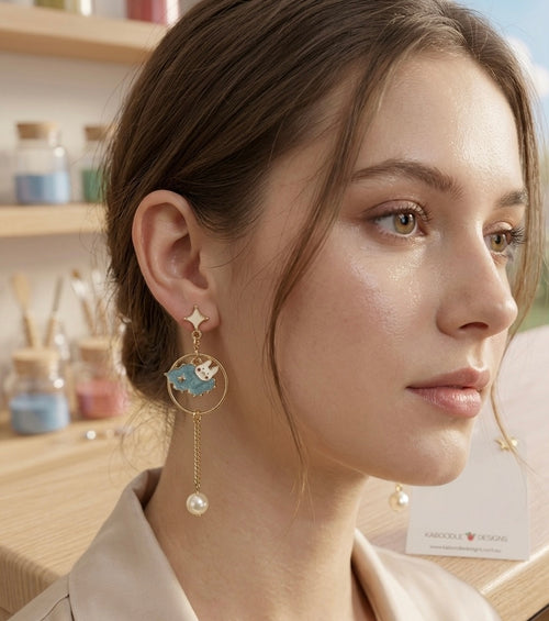Celestial Star Hot Air Balloon Rabbit  Drop Dangle Earrings