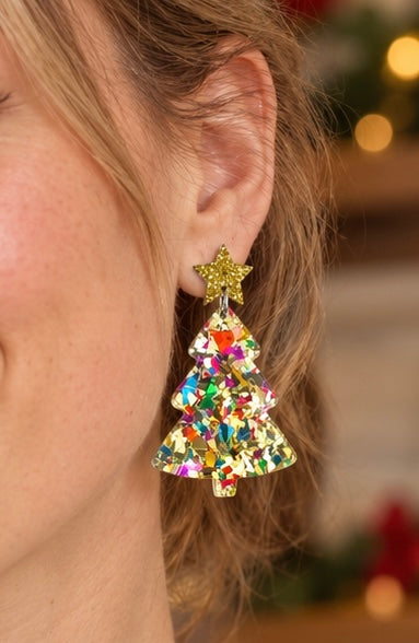 Christmas Tree Earrings - Glitter Star Dangle Drops