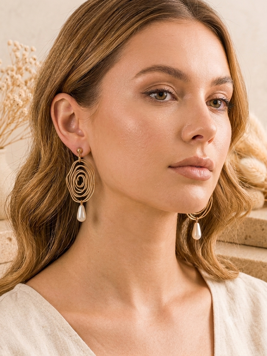 Close-up of model wearing gold spiral swirl earrings with faux pearl drops