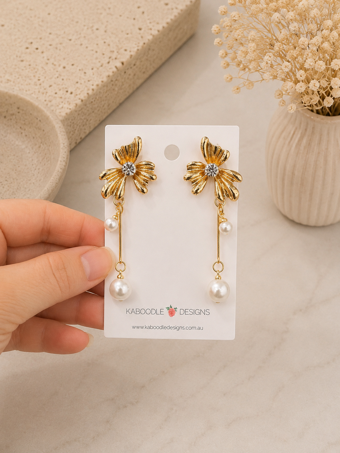 Diamonte Rhinestone Faux Pearl Flower Statement Drop Dangle Earrings