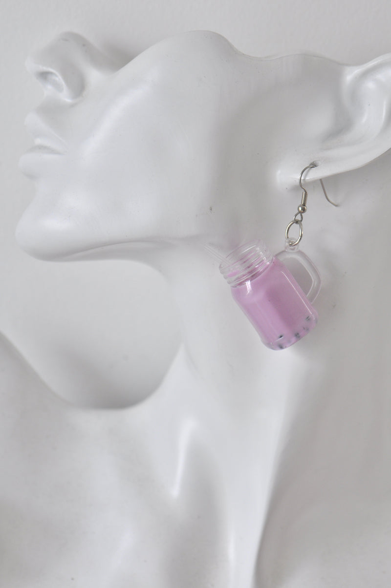 Bubble Tea Pearl Milk Tea Boba Novelty Fun Drop Dangle Earrings - Purple Taro