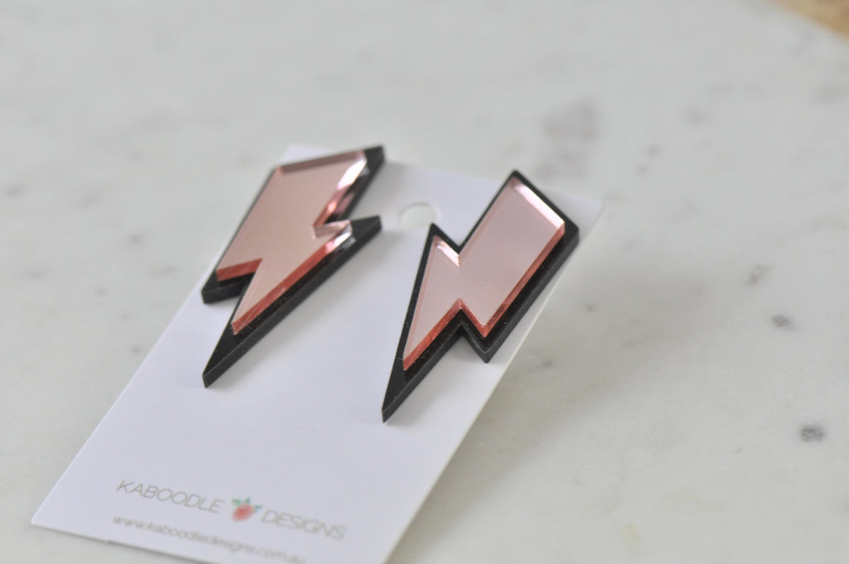 Acrylic Perspex Laser Cut Lightning Bolt Stud Earrings - Mirror Rose Pink