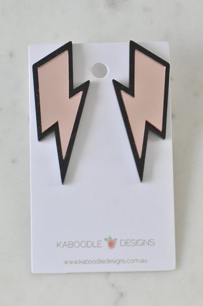 Acrylic Perspex Laser Cut Lightning Bolt Stud Earrings - Mirror Rose Pink