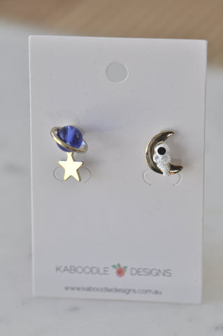 Astronaut Moon Star Saturn Galaxy Universe Stud Drop Earrings - Blue