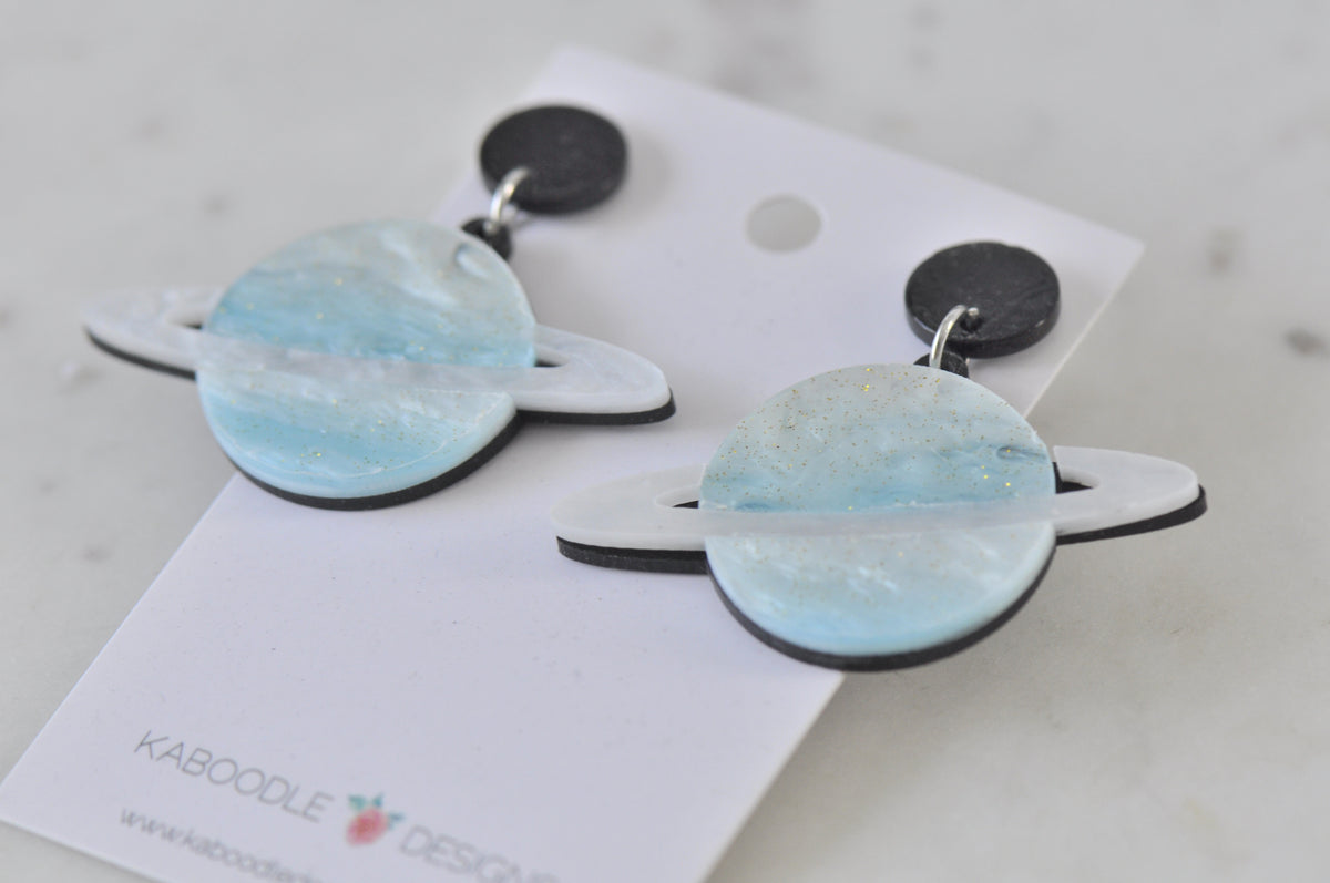Acrylic Perspex Saturn Universe Galaxy Planet Drop Earrings - Blue