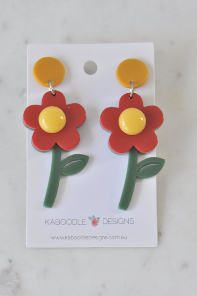 Acrylic Flower Meadow Red Drop Dangle Earrings