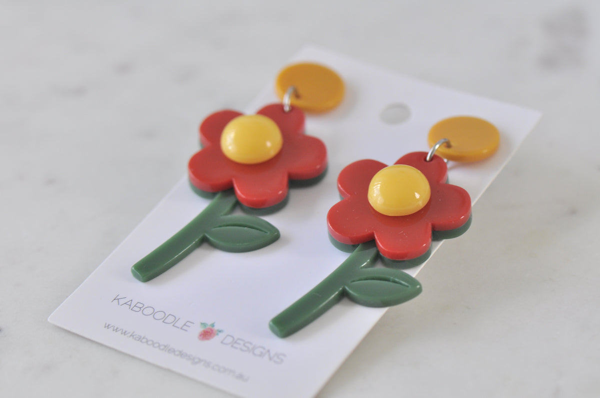 Acrylic Flower Meadow Red Drop Dangle Earrings