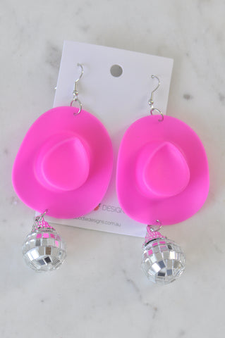 Hot Pink Disco Ball and Cowboy Hat Drop Earring