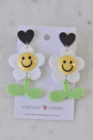 Acrylic Daisy Flower Smiley Face Happy Smile Drop Dangle Earrings