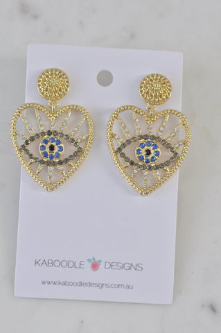 Evil Eye Rhinestone Diamonte Gold Heart Dangle Stud Earrings